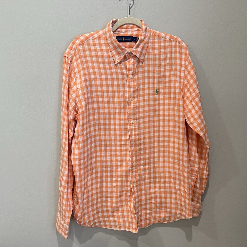 Ralph Lauren Shirt‎ Mens Large Green Pony Gingham Check Orange White Long Sleeve